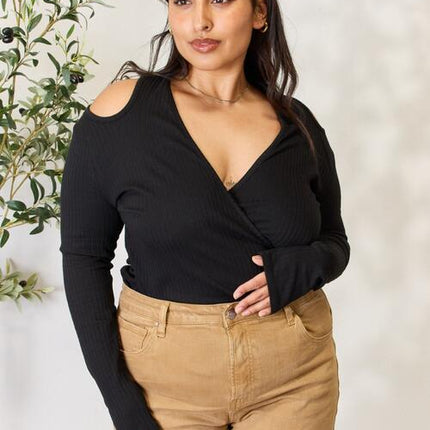 Culture Code Full Size Ribbed Surplice Cold Shoulder Top
