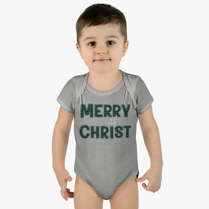 Short Sleeve Baby Onesie for Infants and Toddlers, Merry With Christ, Green Plaid Christmas Holiday Pattern Print