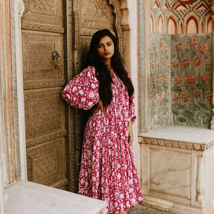 Floral Tie Neck Lantern Sleeve Dress