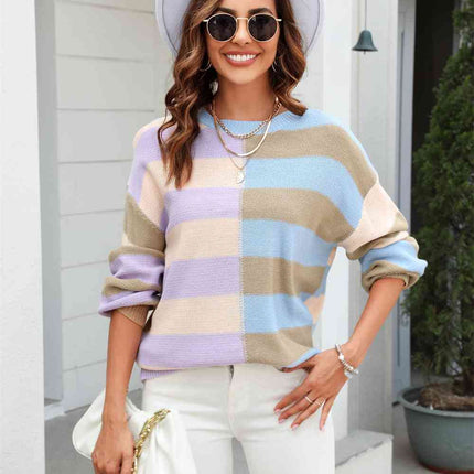 Round Neck Long Sleeve Color Block Dropped Shoulder Pullover Sweater - Vickie Lynn's