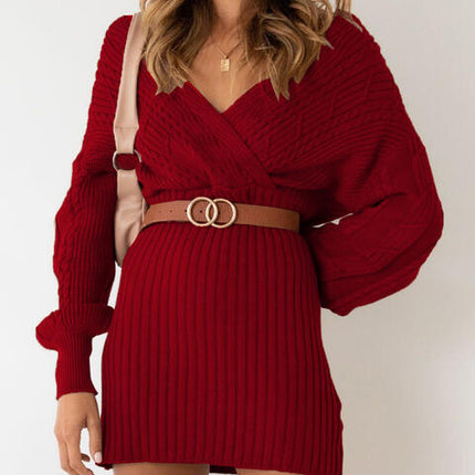 Surplice Neck Long Sleeve Sweater Dress