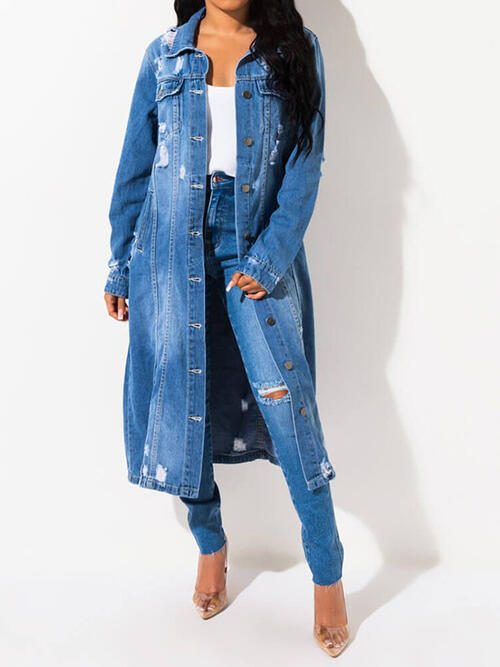 Long Sleeve Raw Hem Denim Jacket - Vickie Lynn's