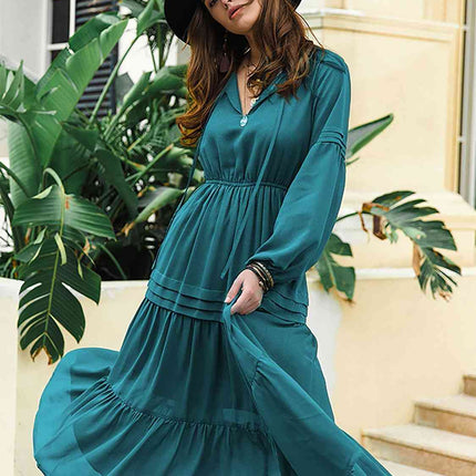 Tie Neck Long Sleeve Midi Tiered Dress