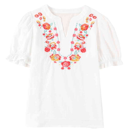 Embroidered Notched Neck Flounce Sleeve Top