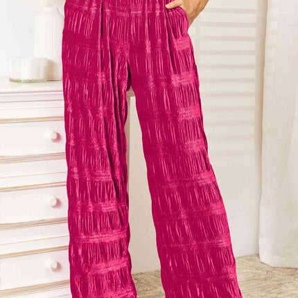 Double Take Full Size High Waist Tiered Shirring Velvet Wide Leg Pants - Vickie Lynn's