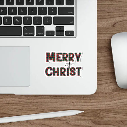 Uniquely You Die-Cut Sticker, Merry With Christ, Red And Green Plaid Christmas Holiday Pattern Print
