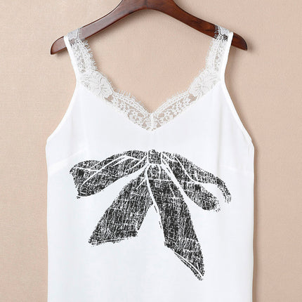 Lace Detail Bow Graphic V-Neck Tank