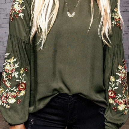 Embroidered Round Neck Balloon Sleeve T-Shirt