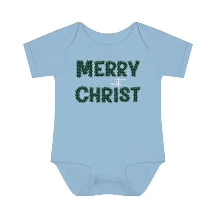 Short Sleeve Baby Onesie for Infants and Toddlers, Merry With Christ, Green Plaid Christmas Holiday Pattern Print