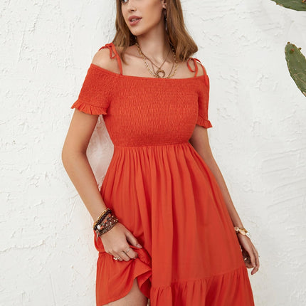 Smocked Spaghetti Strap Short Sleeve Dress
