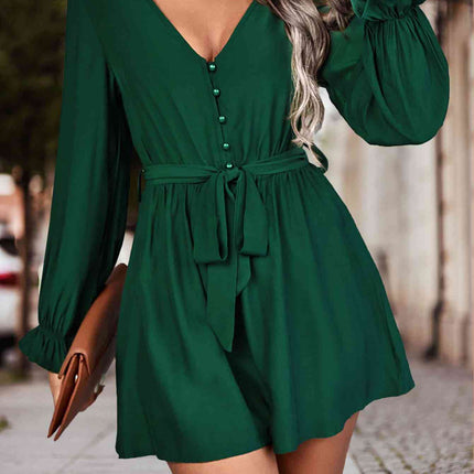 Long Flounce Sleeve V-Neck Romper