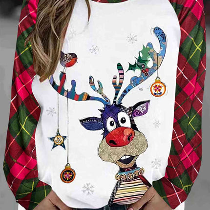 Plus Size Reindeer Graphic Plaid Long Sleeve T-Shirt