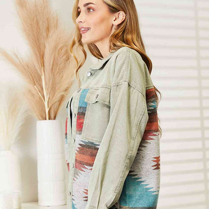 Dropped Shoulder Long Sleeve Printed Denim Jacket