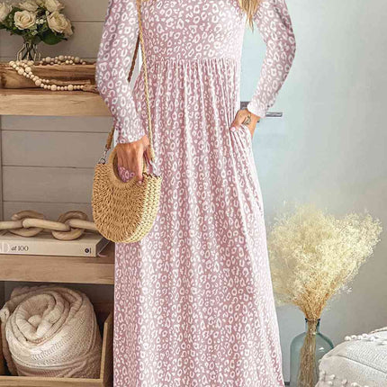 Leopard Round Neck Long Sleeve Maxi Dress