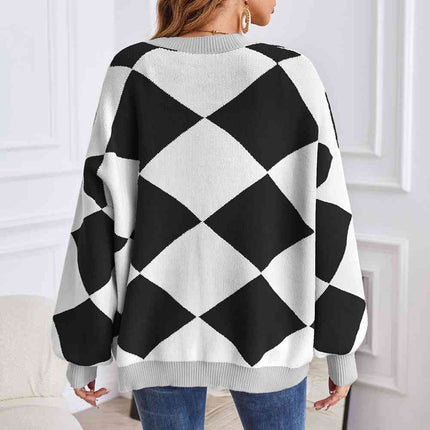 Geometric Lantern Sleeve Cardigan with Pockets