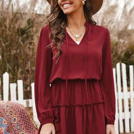 Tied Frill Trim Puff Sleeve Mini Dress