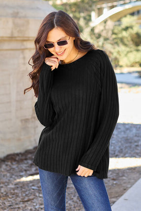 Basic Bae Full Size Ribbed Round Neck Long Sleeve Knit Top - Vickie Lynn's