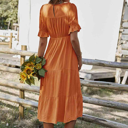 Short Flounce Sleeve Tiered Midi Dress