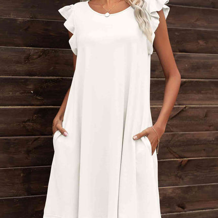 Round Neck Flutter Sleeve Dress with Pockets