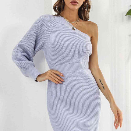 One Shoulder Raglan Sleeve Pencil Sweater Dress