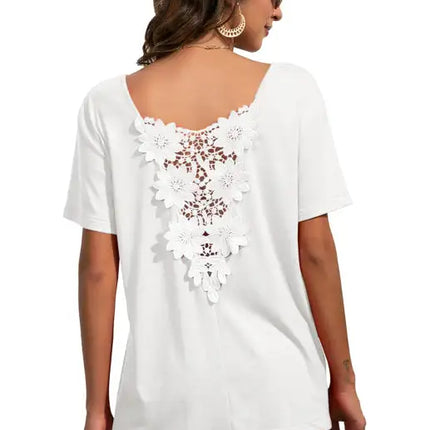Camiseta casual de manga corta con cuello en V y encaje para mujer 