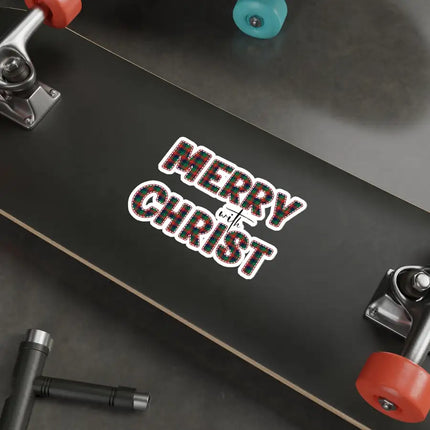 Uniquely You Die-Cut Sticker, Merry With Christ, Red And Green Plaid Christmas Holiday Pattern Print