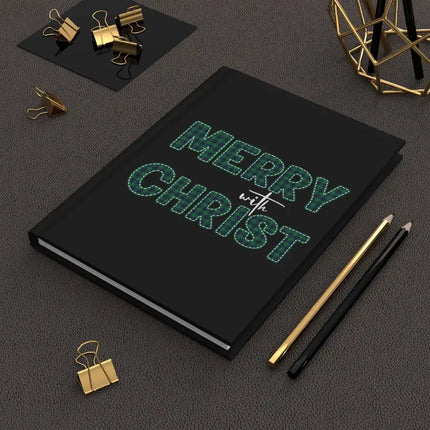 Stationary, Hardcover Journal Notebook, Merry With Christ, Green Plaid Christmas Holiday Pattern Print