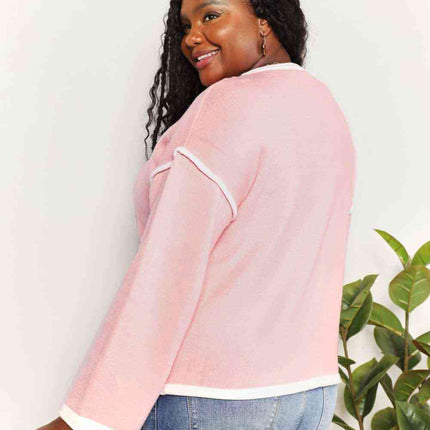 Double Take Contrast Detail Dropped Shoulder Knit Top - Vickie Lynn's