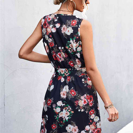 Printed Zip Detail Belted Sleeveless Dress