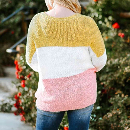 Plus Size Color Block Round Neck Sweater
