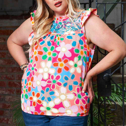 Plus Size Floral Ruffle Shoulder Tank