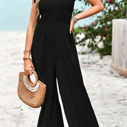 Frill Trim Tie Shoulder Wide Leg Jumpsuit with Pockets
