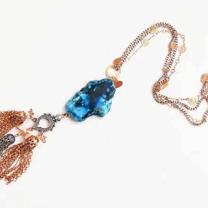 Collar Lariat De Piedra De Ágata Azul Con Borlas. Joyería de ágata azul.