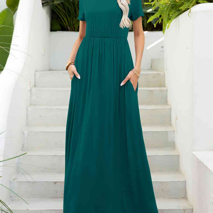 Round Neck Short Sleeve Maxi Dress with Pockets