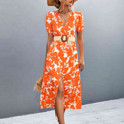 V-Neck Short Sleeve High Slit Midi Dress