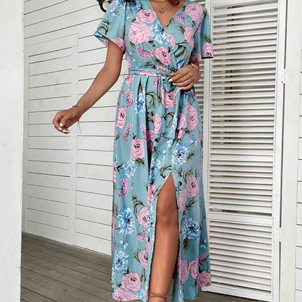 Floral Tie-Waist Slit Surplice Maxi Dress