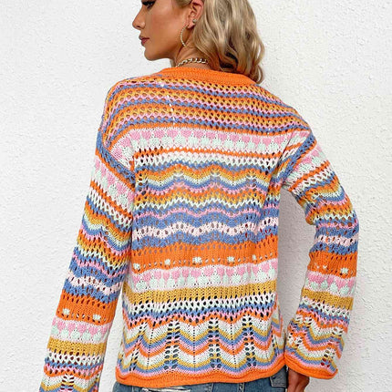 Chevron Stripes Openwork Cardigan