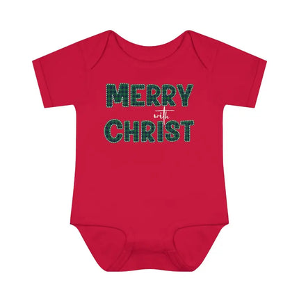 Short Sleeve Baby Onesie for Infants and Toddlers, Merry With Christ, Green Plaid Christmas Holiday Pattern Print