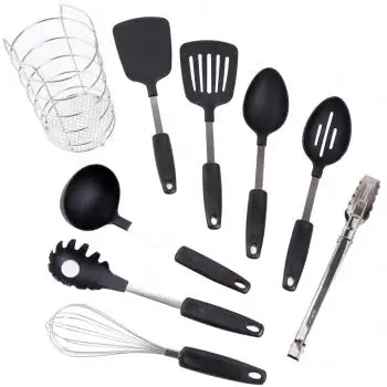 Gibson Chef's Better Basics Juego de utensilios de 9 piezas con carrito de alambre de forma redonda