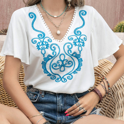 Graphic V-Neck Flutter Sleeve T-Shirt