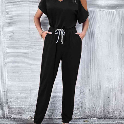 V-Neck Cold-Shoulder Jumpsuit with Pockets