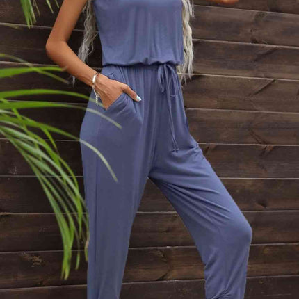 Drawstring Waist One-Shoulder Jumpsuit with Pockets