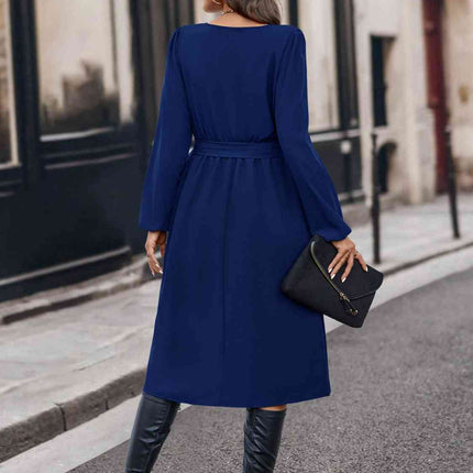 Buttoned Tie Front Long Sleeve Asymmetrical Neck Dress