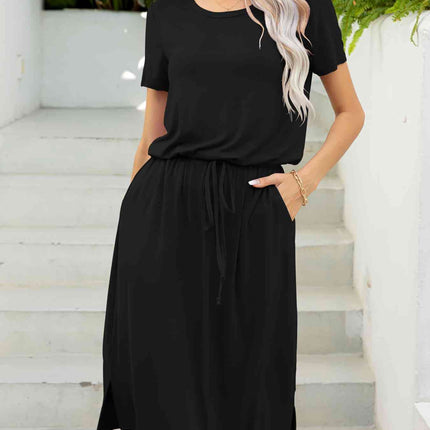 Round Neck Short Sleeve Slit Dress with Pockets