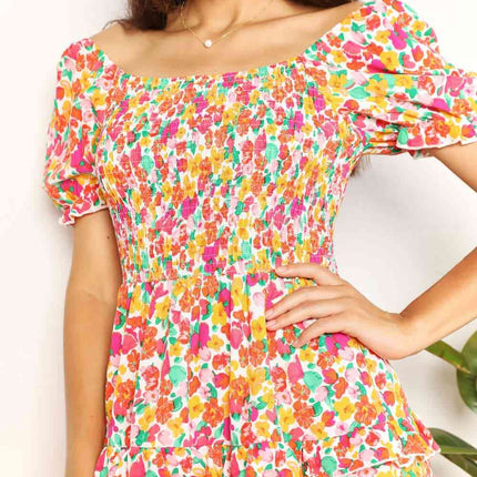 Double Take Smocked Sweetheart Neck Flounce Sleeve Mini Dress