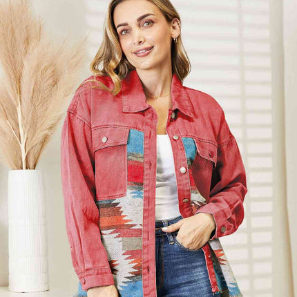 Dropped Shoulder Long Sleeve Printed Denim Jacket
