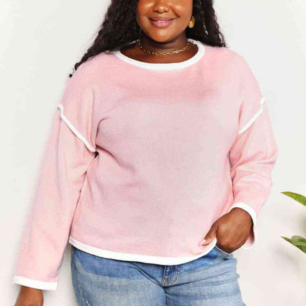 Double Take Contrast Detail Dropped Shoulder Knit Top - Vickie Lynn's