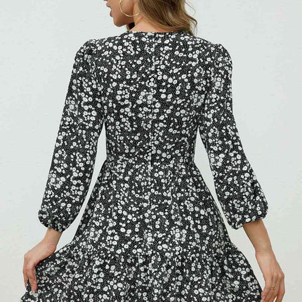 Printed Plunge Neck Flounce Sleeve Mini Dress