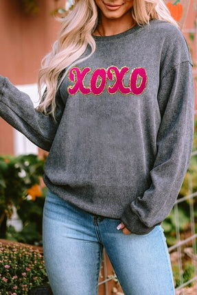 XOXO Sequin Round Neck Dropped Shoulder Sweatshirt - Vickie Lynn's