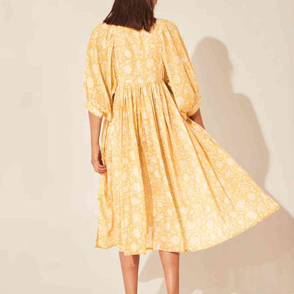 Floral Tie Neck Lantern Sleeve Dress